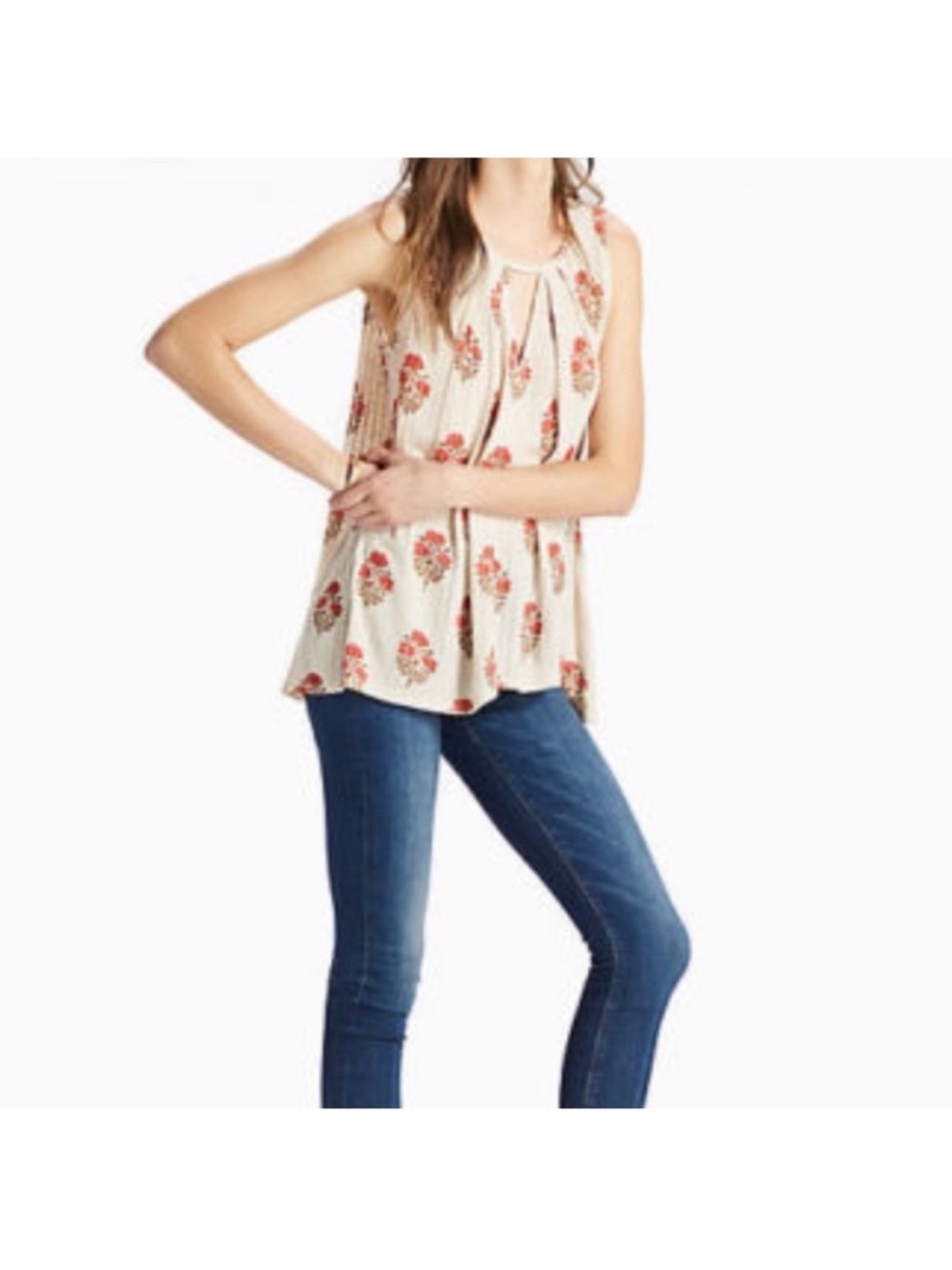 Lucky Brand Cream Red Floral Sleeveless Cut Out Keyhole Tunic Tank Top Small NWT